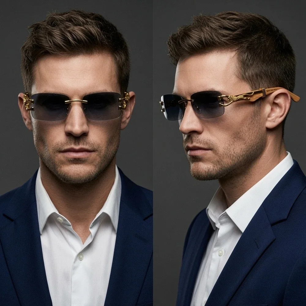 Sunglasses Men Classy Trendy Frameless Square Shades Featuring Wooden Temples